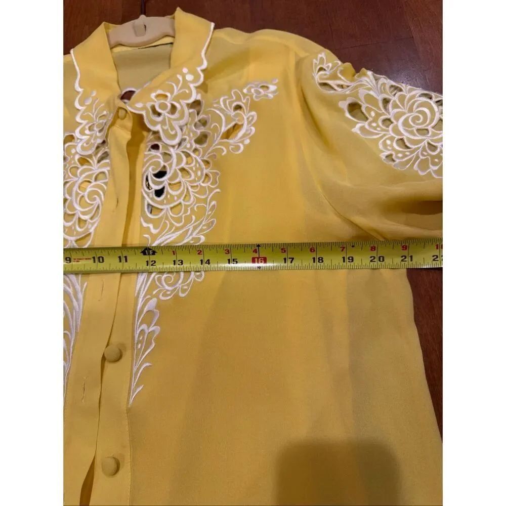 Vintage Bob Mackie Wearable Art 100% Silk Embroidered Blouse Medium Yellow Cutwo - Picture 4 of 5